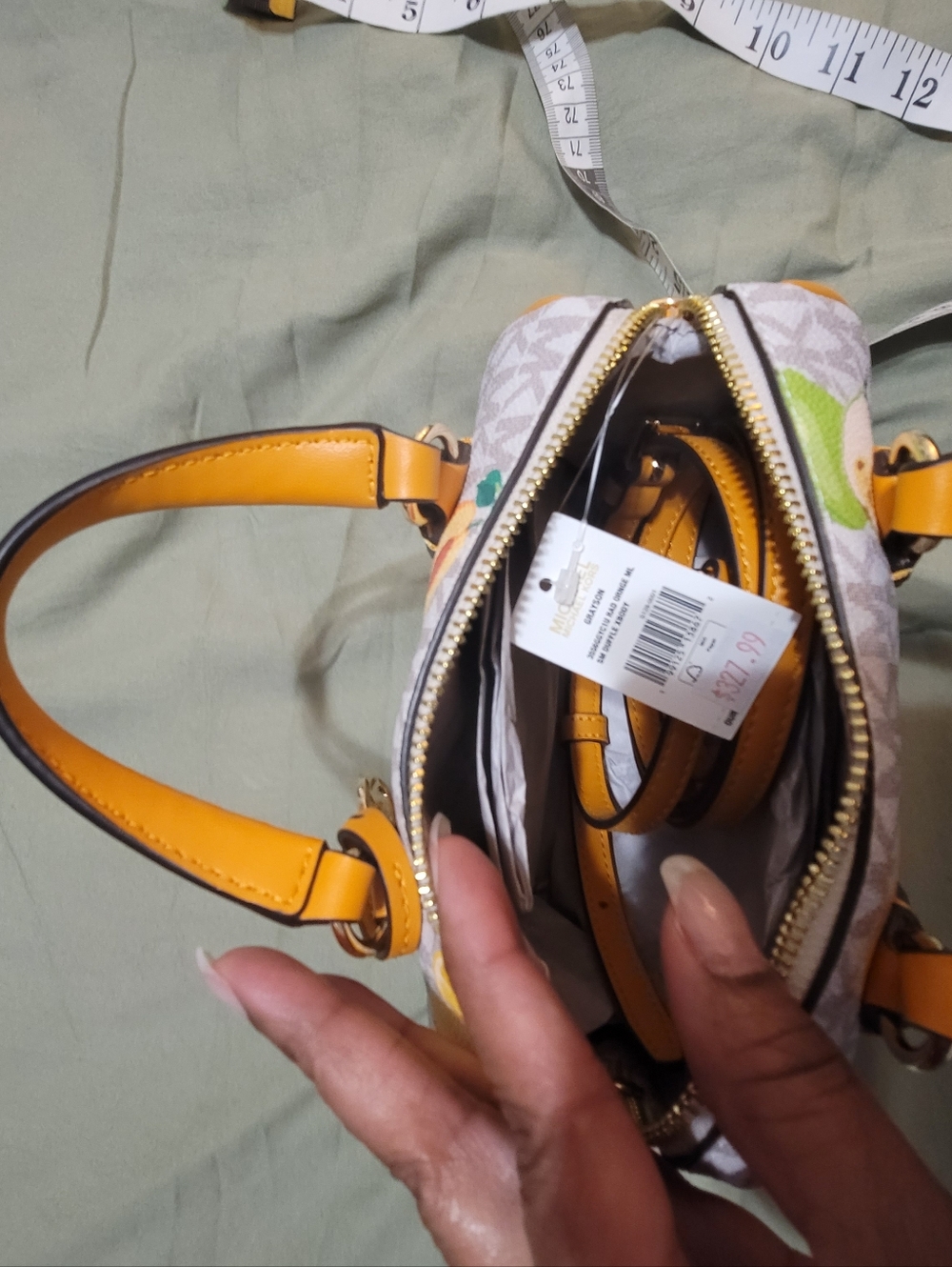 Michael Kors White Monogram Satchel with Yellow Trim and Fruit Print - Picture 3 of 6